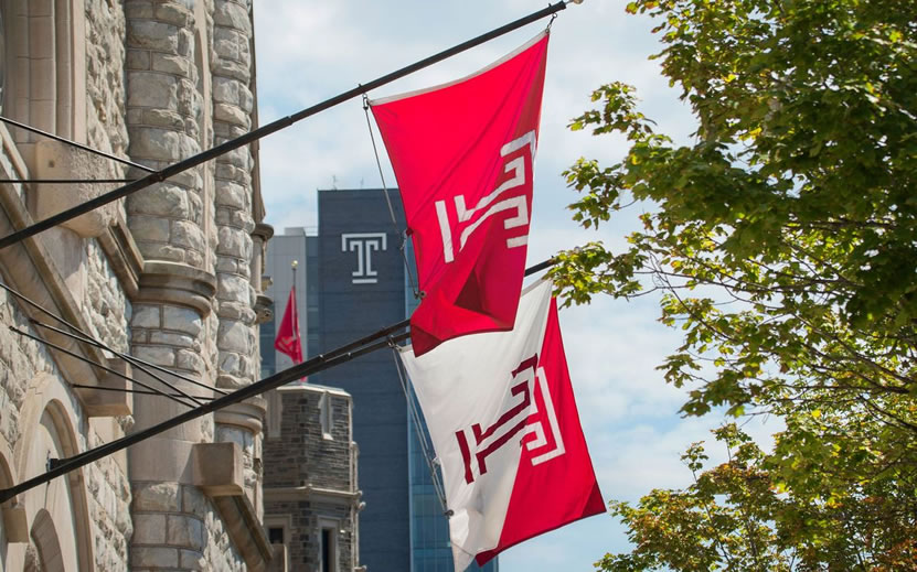 Temple T flags hang near Sulivan Hall