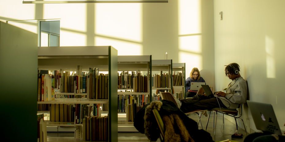 Two students studying in Charles Library