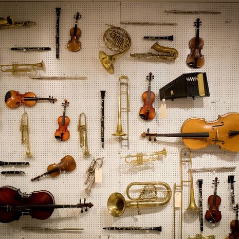 Array of instruments adorn wall in Boyer classroom at Temple