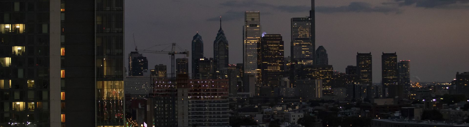 The downtown Philadelphia skyline at dusk.