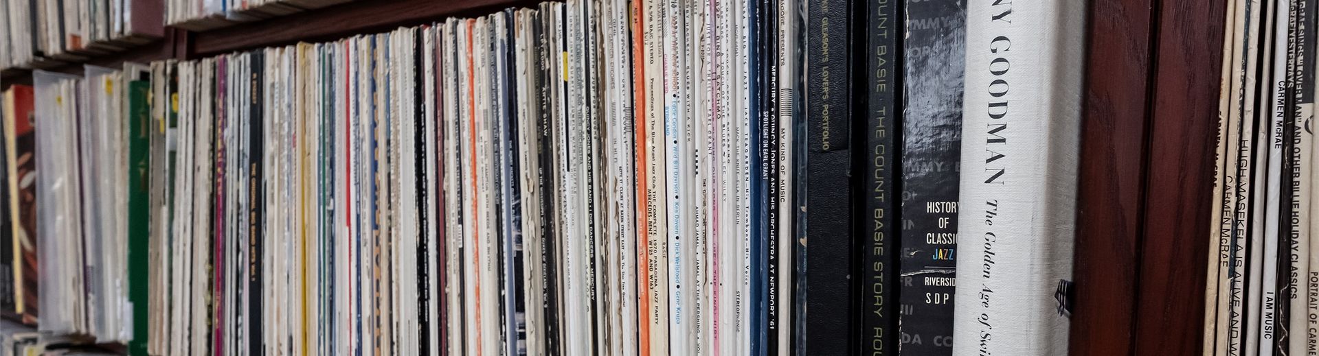 Shelves of records in the music library.