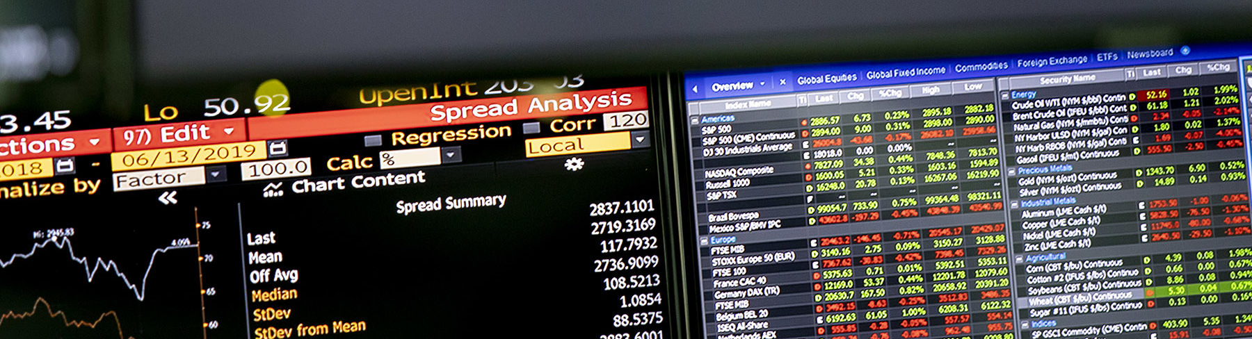 A close-up image of computer screens displaying financial information in graphs and tables