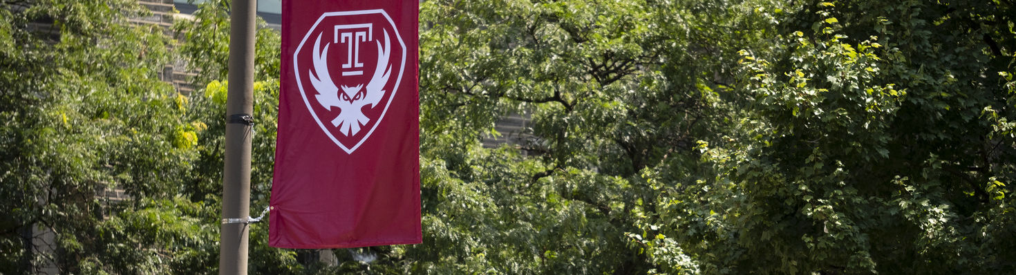 Temple's new Owl Mark dispalyed on a flag on campus.