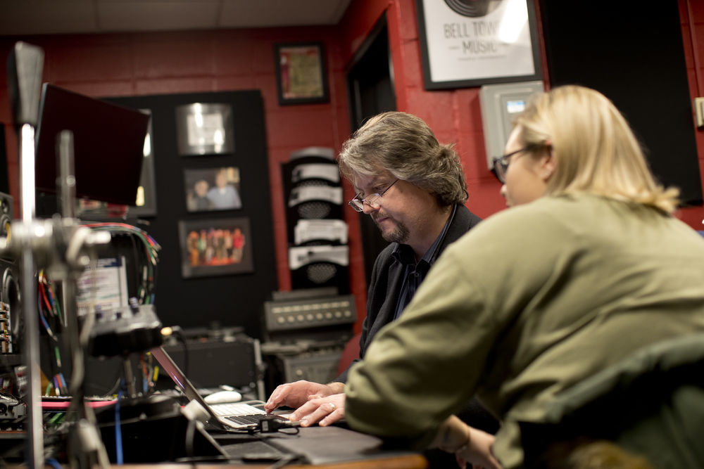 An image of Klein students working in Studio G, Temple University's premier audio studio.