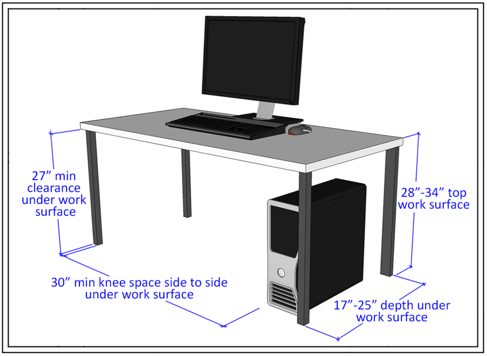3d rendering of a computer desk with workstation showing clearance dimensions